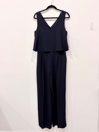 Zara Sleeveless Layered Crepe One Piece Jumpsuit Navy Blue Women's Size Large