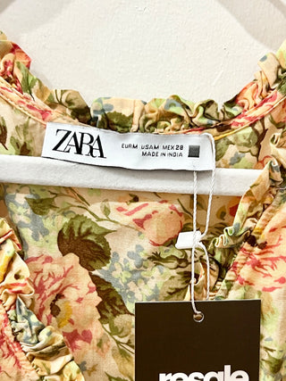 Zara Floral Print Puff Sleeve Lace Trim Tiered Mini Sundress Multi Womens Medium