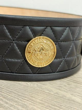 Balmain wide quilted leather belt with gold details, 38 / 6