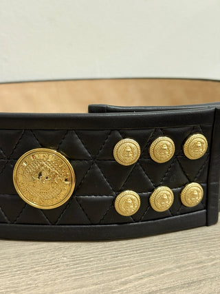 Balmain wide quilted leather belt with gold details, 38 / 6