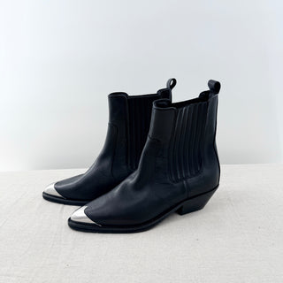 Mango Metallic Pointed Toe Faux Leather Ankle Chelsea Cowboy Boots Black EU 39