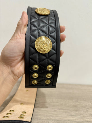 Balmain wide quilted leather belt with gold details, 38 / 6