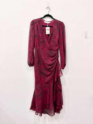 ASTR The Label Metallic Ruffled Faux Wrap Maxi Dress Burgundy Women's Size Small