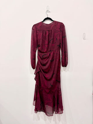 ASTR The Label Metallic Ruffled Faux Wrap Maxi Dress Burgundy Women's Size Small
