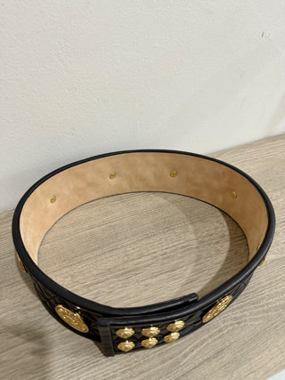 Balmain wide quilted leather belt with gold details, 38 / 6