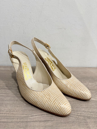 Salvatore Ferragamo Textured Leather Slingback Pumps Cream Women's Size EU 6.5