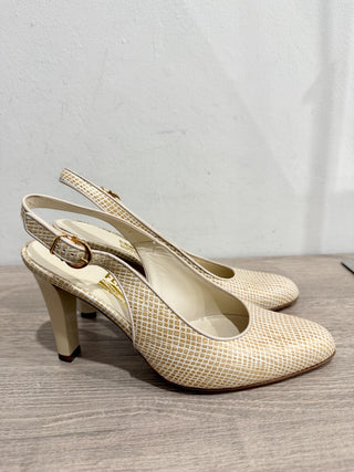 Salvatore Ferragamo Textured Leather Slingback Pumps Cream Women's Size EU 6.5