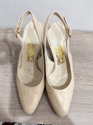 Salvatore Ferragamo Textured Leather Slingback Pumps Cream Women's Size EU 6.5