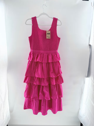 Rhode Nia Sleeveless Smocked Tiered Ruffle A-Line Midi Dress Hot Pink Womens M