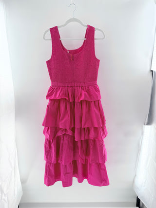 Rhode Nia Sleeveless Smocked Tiered Ruffle A-Line Midi Dress Hot Pink Womens M