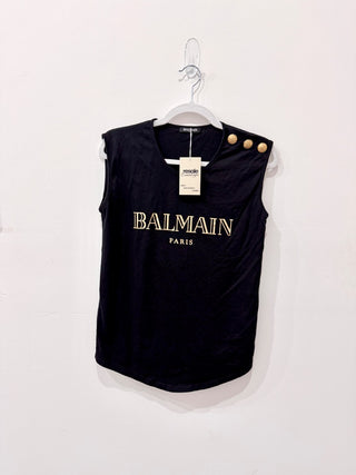 Balmain Paris Poplin Cotton Embossed Gold Metal Buttons Tank Top Black Womens 36