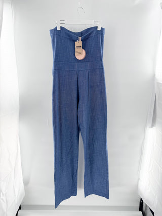 NWT Alexis Breslin Strapless Straight Leg Denim Jumpsuit Blue Women's Medium