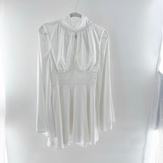 LPA Satin Polka Dot Long Sleeve Mock Neck Fit and Flare Mini Dress White Small
