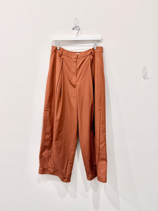 Tibi Twill Pleated Front High Rise Wide-Leg Trouser Pants Brown Women's Size 30