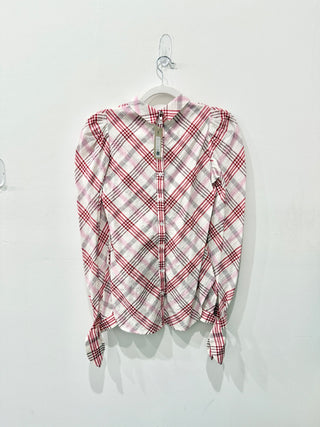 Veronica Beard Isabel Plaid Mock Neck Puff Sleeve Blouse Top Blush Pink Womens 0