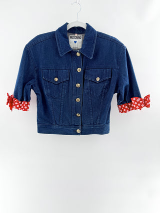Moschino jean jacket with polka dot sleeve trim and gold buttons, 42 IT / US 6