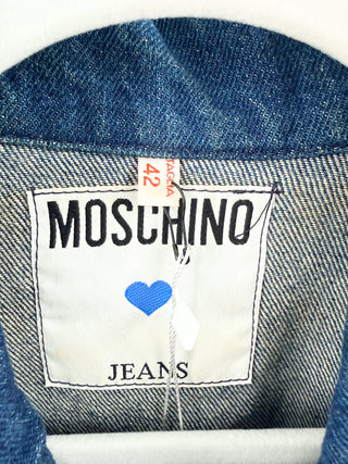 Moschino jean jacket with polka dot sleeve trim and gold buttons, 42 IT / US 6