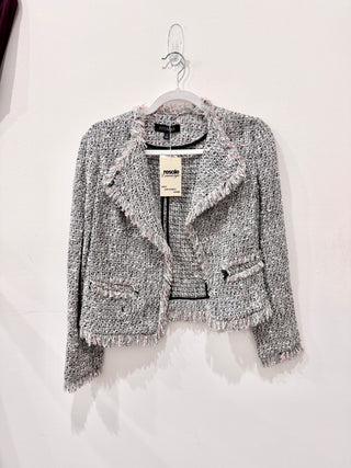 NWT Intermix Frayed Tweed Open Front Cropped Blazer Jacket Gray Women's Size 0