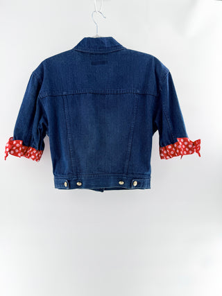 Moschino jean jacket with polka dot sleeve trim and gold buttons, 42 IT / US 6