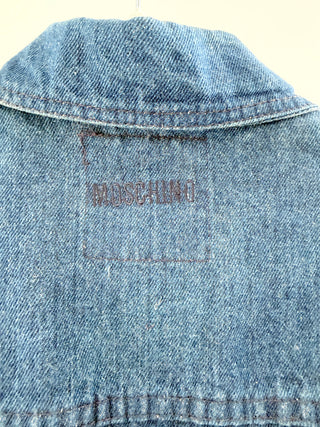Moschino jean jacket with polka dot sleeve trim and gold buttons, 42 IT / US 6