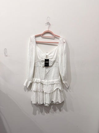 ASTR the Label Marietta Long Sleeve Smocked Ruffle Mini Dress White Women Size L