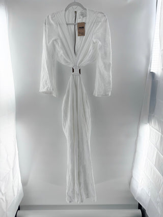 Azulu textured jumpsuit with a deep V-neckline, and front knot detail accented by wooden hardware, with a cinched waist and wide-leg fit, 4