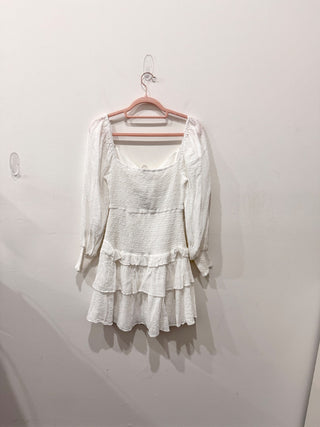 ASTR the Label Marietta Long Sleeve Smocked Ruffle Mini Dress White Women Size L
