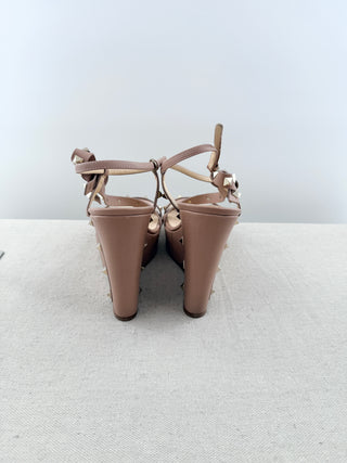 Valentino Garavani Rockstud Ankle Strap Wedge Sandals Beige Women's Size EU 40