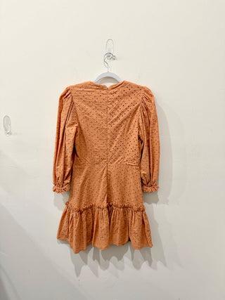 NWT Olivaceous Eyelet Puff Sleeve V-Neck Ruffle Hem Mini Dress Orange Women's M