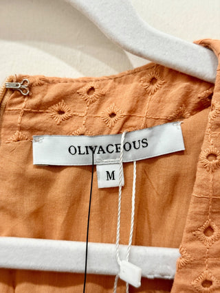 NWT Olivaceous Eyelet Puff Sleeve V-Neck Ruffle Hem Mini Dress Orange Women's M