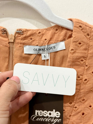 NWT Olivaceous Eyelet Puff Sleeve V-Neck Ruffle Hem Mini Dress Orange Women's M