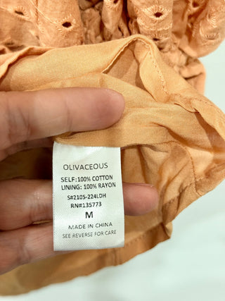 NWT Olivaceous Eyelet Puff Sleeve V-Neck Ruffle Hem Mini Dress Orange Women's M