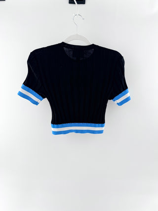 Solid and Striped Cara Short Sleeve Ribbed Knit Cropped Sweater Black Blue Large