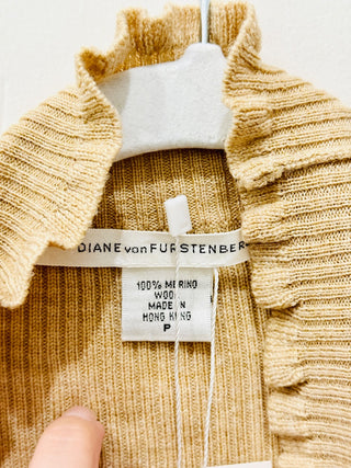 Diane von Furstenberg 100% Merino Wool Ribbed Wrap Cardigan Beige Women's Size P