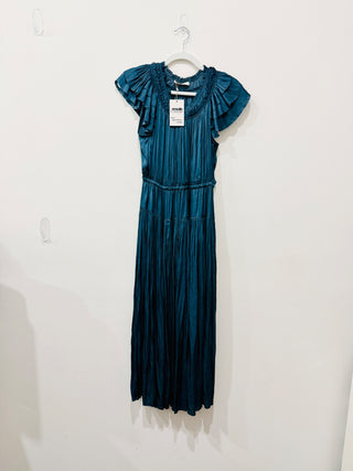 Ulla Johnson Satin Kalesta Micro-Pleated A-Line Midi Dress Neptune Womens Size 0