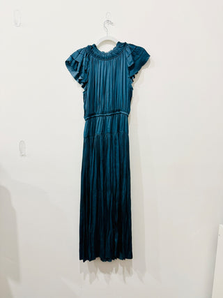 Ulla Johnson Satin Kalesta Micro-Pleated A-Line Midi Dress Neptune Womens Size 0