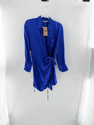 Zara Satin Long Sleeve Wrap Shirt Dress with Tie Waist Royal Blue Women's Medium