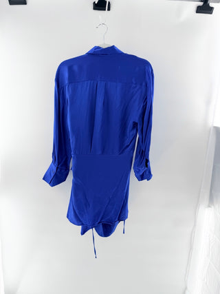 Zara Satin Long Sleeve Wrap Shirt Dress with Tie Waist Royal Blue Women's Medium