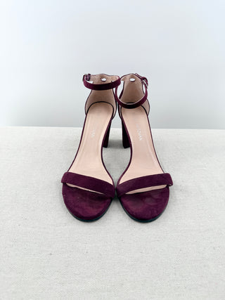 Stuart Weitzman Suede Slip On Ankle Strap Block Heel Sandals Purple Womens EU 40