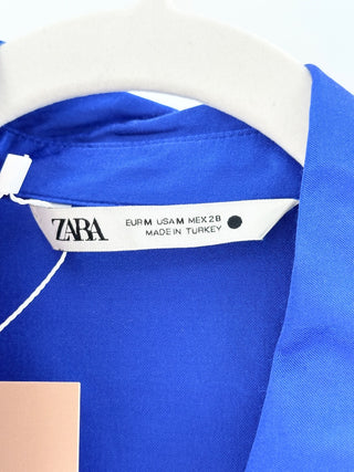 Zara Satin Long Sleeve Wrap Shirt Dress with Tie Waist Royal Blue Women's Medium