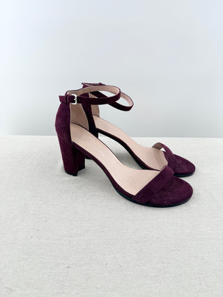 Stuart Weitzman Suede Slip On Ankle Strap Block Heel Sandals Purple Womens EU 40