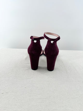 Stuart Weitzman Suede Slip On Ankle Strap Block Heel Sandals Purple Womens EU 40