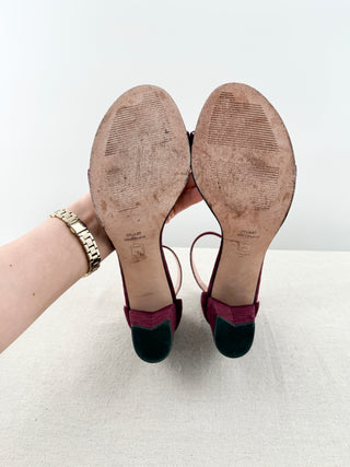 Stuart Weitzman Suede Slip On Ankle Strap Block Heel Sandals Purple Womens EU 40