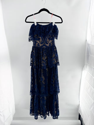 ML Monique Lhuillier lace strapless long dress with ruffles, 0