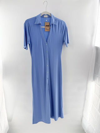 Song of Style Francine Short Sleeve Button-Up Midi Dress Cornflower Blue Medium