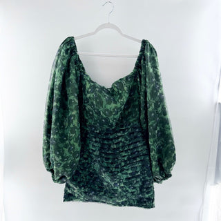Asiyami Gold Jyoti Puff Sleeve Square Neck Ruched Mini Dress Green Black Size 10