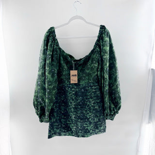 Asiyami Gold Jyoti Puff Sleeve Square Neck Ruched Mini Dress Green Black Size 10