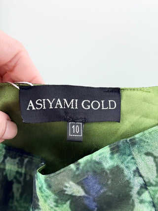Asiyami Gold Jyoti Puff Sleeve Square Neck Ruched Mini Dress Green Black Size 10