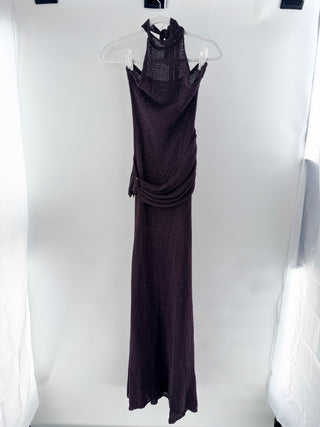 Meshki Reece Halter Neck Open Back Sheer Knit Maxi Dress Chocolate Woemn's Small