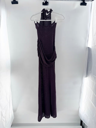 Meshki Reece Halter Neck Open Back Sheer Knit Maxi Dress Chocolate Woemn's Small